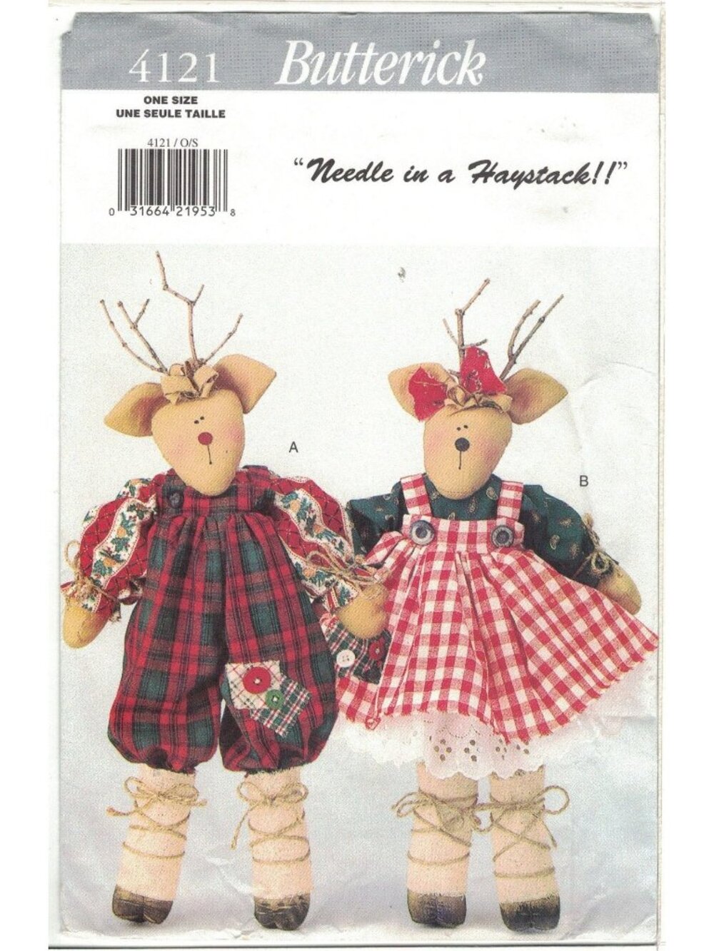 Butterick 4121 600 Stuffed Mr and Mrs Reindeer Pattern Needle in Haystack Uncut
